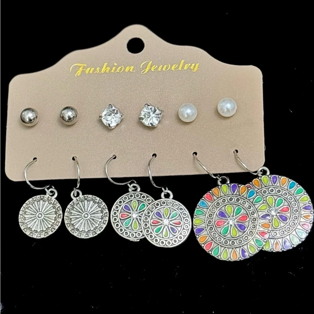 6 Pair Earring Set|Studs+Crystal+Pearl+Rainbow Drop Bundle - Picture 1 of 5